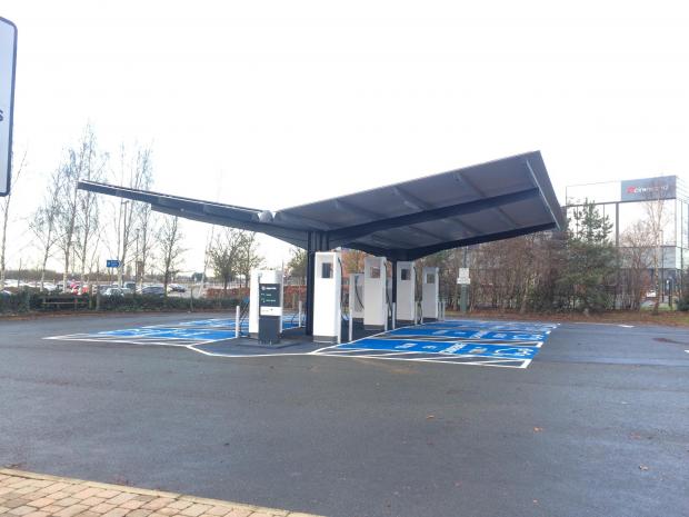 Bradford Telegraph and Argus: A second section of the new Hyperhub at Monks Cross, pictured yesterday without any vehicles being charged - almost six months after it was due to open. Picture: Mike Laycock