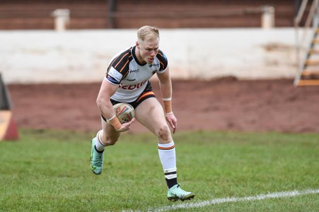 Kieran Gill crosses the line for his early try in Bulls’ win over Hull FC on Sunday. Picture: Tom Pearson.