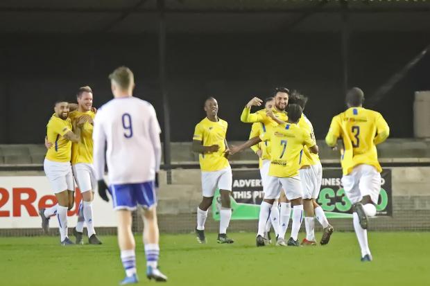 Albion celebrate scoring in their shock win over Guiseley in the West Riding County Cup quarter-final on February 1. Pic: Alex Daniel.