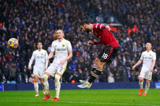 Manchester United's Bruno Fernandes scores his side's second goal of the game at Elland Road. Picture: Mike Egerton/PA Wire.