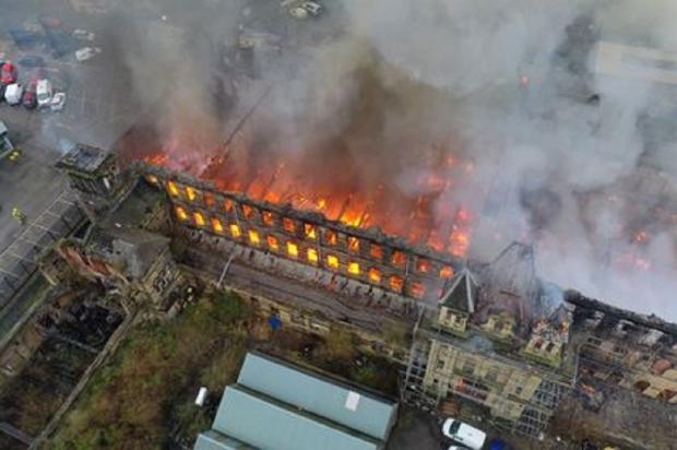 Bradford Telegraph and Argus: A drone image of the devastating flames at Dalton Mills in Keighley. Picture: Real Image Photography