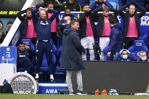 Jesse Marsch and the Leeds bench react to a missed chance at Leicester, with the visitors left frustrated at not taking anything from the game. Pic: PA.