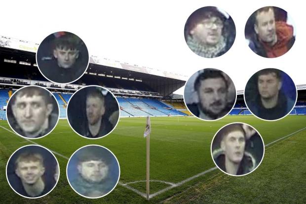 Police would like to find these men in relation to missiles being thrown during the Leeds United match against Manchester United. Main Picture: PA. Inset Pictures: West Yorkshire Police