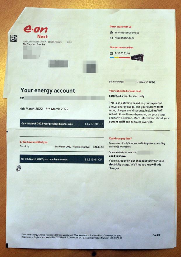 Bradford Telegraph and Argus: A copy of one of Mr Brooke's energy bills from E.ON
