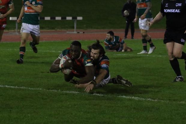 Bradford Telegraph and Argus: Mo Agoro scores the decisive try in Cougars' 20-16 win at Hunslet in April. Picture: Jonny Tomes-Green.
