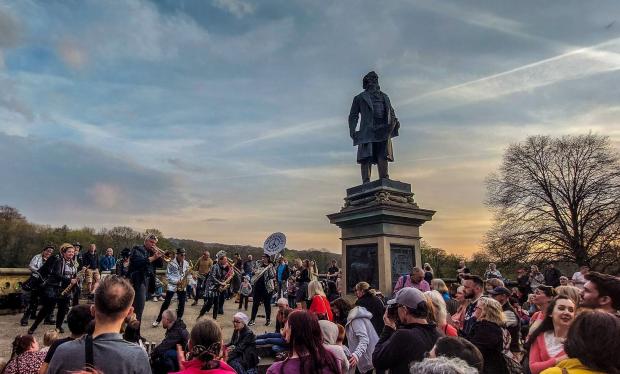 Bradford Telegraph and Argus: The Sir Titus Salt statue during the Sundowner event. Picture: Ralph Berry.