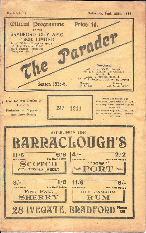 Bradford Telegraph and Argus: A Bradford City v Burnley matchday programme from September 1935 is at auction
