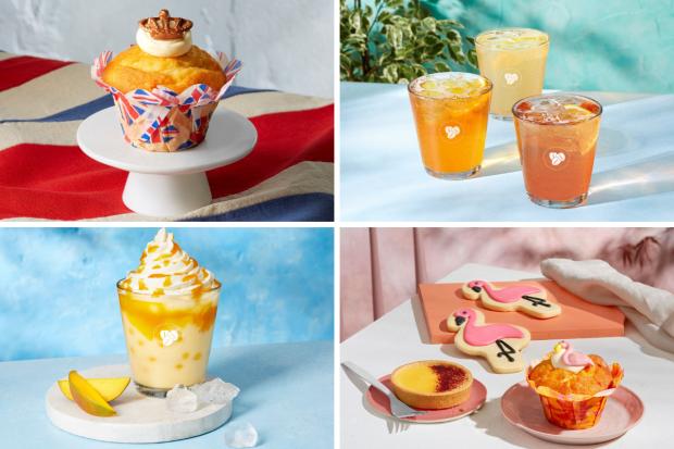 Bradford Telegraph and Argus: (Top left-clockwise) Jubilee Muffin, FuzeTea Crafted Iced Tea range, Tropical Muffin, Passionfruit Tart and Flamingo Shortcake, Tropical Mango Bubble Frappe (Costa Coffee/Canva)
