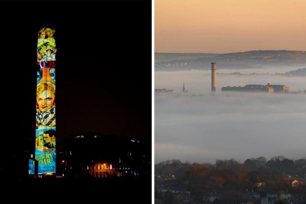Bradford Telegraph and Argus: Photo via T&A Camera Club members Rais Hasan (left) and Dave Zdanowicz (right). Left image shows the Lister Mills' chimney lit up for a light show in March and the right image shows the mill’s chimneys against a calming, cloudy backdrop of the district.