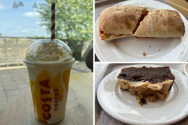 Bradford Telegraph and Argus: (Left) Tropical Mango Bubble Frappé (top right) Chicken & Chorizo Panini (bottom right) Chocolate & Caramelised Biscuit Loaf Cake (Katie Collier/Canva)