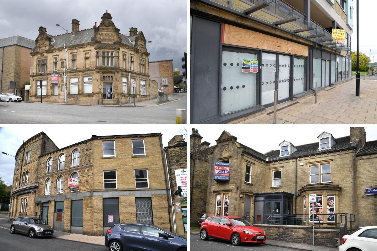 Some of the Bradford district banks which have closed over the years. From top left: Barclays in Shipley; Santander in Bingley; Queensbury's former Yorkshire Bank and Idle's former Yorkshire Bank.
