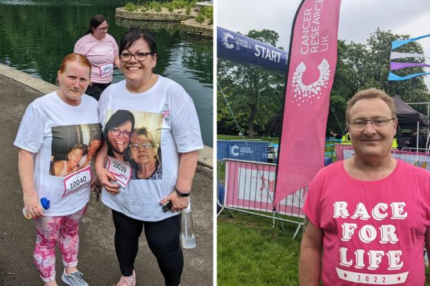 Bradford Telegraph and Argus: Pictured left, two runners honouring their loved ones through Race for Life. Right, Robert Montgomery cheering on his wife Deborah and sister in law Helen at the start line.