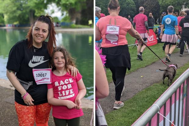 Bradford Telegraph and Argus: Left, two smiling runners by the lake in Lister Park. Right, a woman takes on Race for Life with her dog.