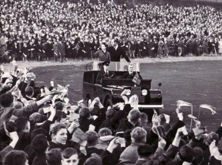 Bradford Telegraph and Argus: The Queen and the Duke of Edinburgh at Bradford Park Avenue in 1954. Crowds of 30,000 schoolchildren sang to them