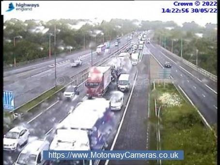 Bradford Telegraph and Argus: Traffic queueing on the eastbound carriageway of the M62, near junction 25 (Brighouse). Picture: National Highways: Yorkshire
