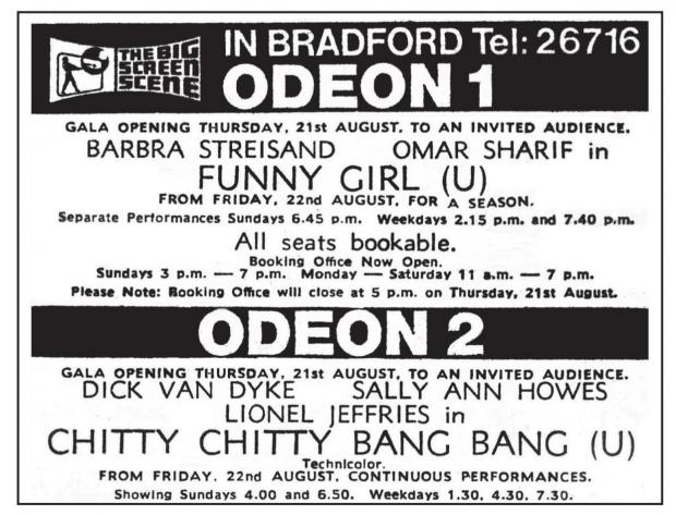 Bradford Telegraph and Argus: An August 1969 notice for the twin Odeon cinemas