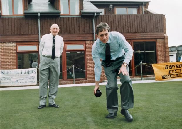 Bradford Telegraph and Argus: Harry playing bowls with Stan Tennant in April 1991