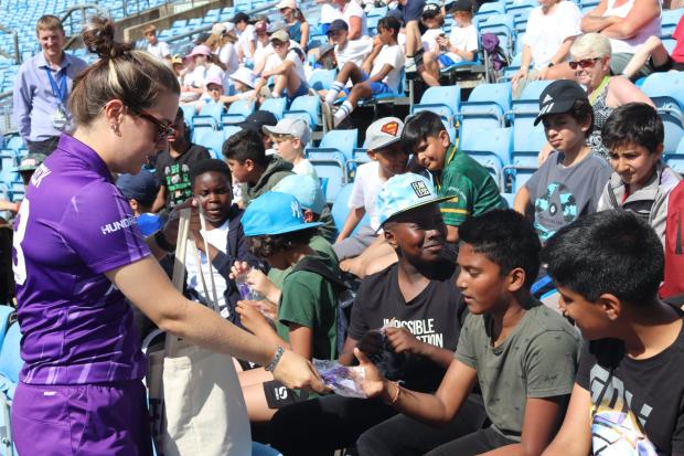 Bradford Telegraph and Argus: Cricket star Katie Levick engages with children during an education day at Headingley