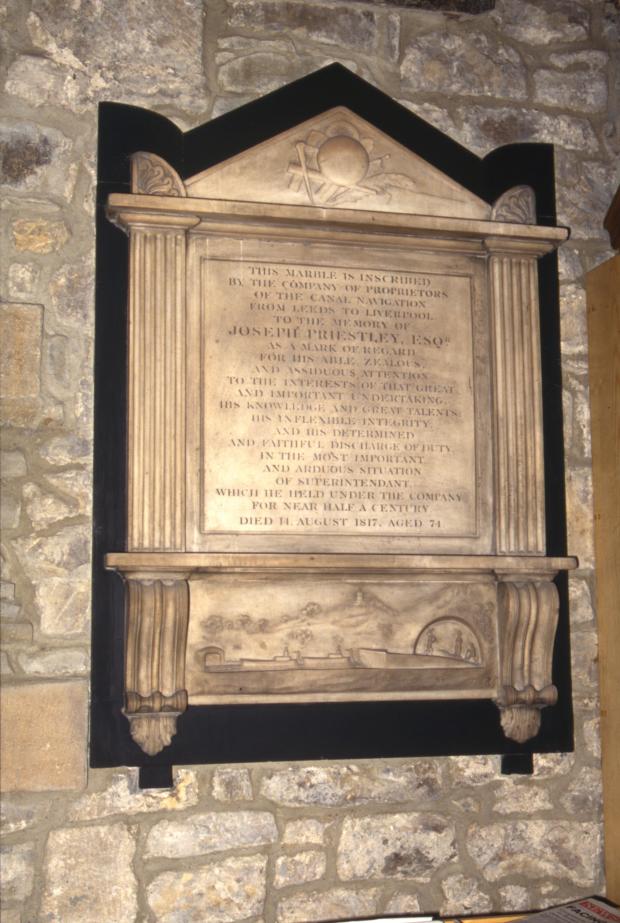 Bradford Telegraph and Argus: The memorial in Bradford Cathedral to Joseph Priestley, who was the manager of both the Bradford Canal and the Leeds & Liverpool Canal for 45 years