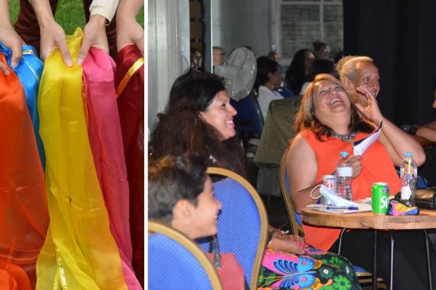 Bradford Telegraph and Argus: Dupattas - a shawl traditionally worn by women in Indian subcontinent - pictured left, and a happy audience at Gigglewalas. Picture: Bradford South Asian Festival
