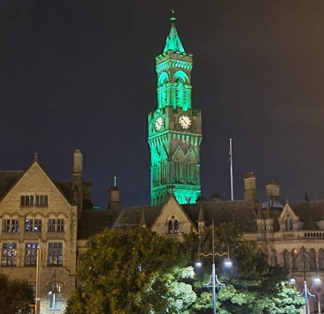 Bradford City Hall lit up green to mark Recycle Week