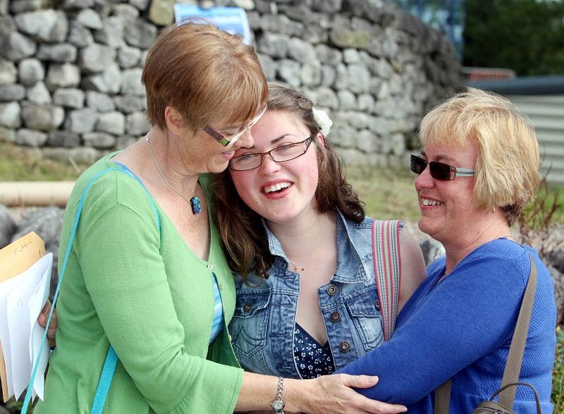 Tears of joy for Craven College A Level student Emily Williamson, celebrating with her mother Barbara Williamson and aunty Sarah Cottle