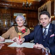 Lord Mayor of Bradford Councillor Doreen Lee and Paul Lawrence, High Sheriff of West Yorkshire sign the Parliamentary Election Writs in the Lord Mayor’s Office in City Hall
