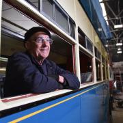 Peter Price inside the almost complete trolleybus at the Keighley Bus Museum