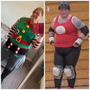 Danielle, left, after shedding weight. Right, taking part in a roller derby on her weight loss journey