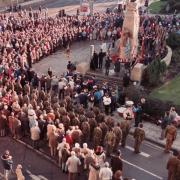A wreath-laying ceremony at Bradford Cenotaph in November 1988
