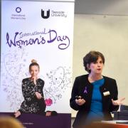 Professor Jane Turner, OBE DL, speaking at a previous International Women’s Day event at Teesside University