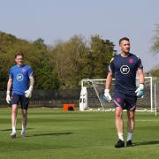 Tim Dittmer, right, at training with England keepers Sam Johnstone and Jordan Pickford. Picture: Twitter