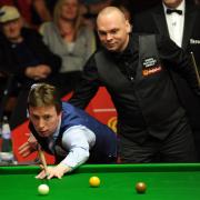 Ken Doherty (left) in action at the Crucible against Stuart Bingham. Picture: PA.