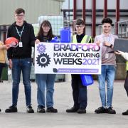 In preparation for Bradford Manufacturing Weeks, talking about manufacturing at Airedale Chemical are, from left, Lucy Sage, Ben Fanshaw, Emma Lloyd, Max Chadwick, Shadi Hashem and Madison Heigold