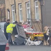 Staff from Eastern Catering & Engineering retrieve their bin from a horse and cart - after paying £20 for it