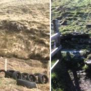 Just a few of the hundreds of fly-tipped tyres on land at Oxenhope. The picture at right shows a walking stile and gate that has been vandalised in the area