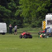 Caravans set up on Woodhall Playing Fields, near Calverley and Pudsey, on May 18