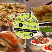 Photos of food via Canva/Pixabay. Centre image shows an example of a 1 food hygiene rating sticker.