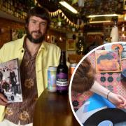 The Record Cafe's Keith Wildman, pictured left, in his popular music shop and bar. Inset, someone listens to music on a record player. Source: Newsquest/Natasha Meek.