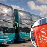 Photo shows Arriva buses and a Unite the union flag, inset.