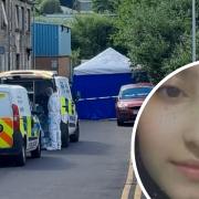 Forensic officers at the scene near Fitzwilliam Street, Bradford, where a body has been found in the search for missing 20-year-old Somiaya Begum, right