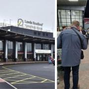 View of Leeds Bradford Airport, left, and queues for security outside the building, right.
