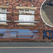 The graffiti warning of the dangers of nitrous oxide in Mount Street, off Dryden Street in the BD3 area of Bradford