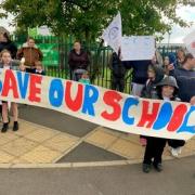 Parents and children outside Queensway Primary School, in Coppice Avenue Wood Avenue, Yeadon protesting against its closure