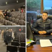 Screenshots of footage, left, show audience members for Zeeshan Khan Rokhri's show at Bradford's Life Church leaving the venue. Right, local businessman and philanthropist Shakeel Faraz