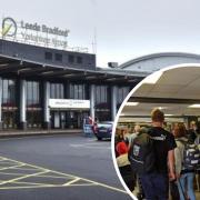 Leeds Bradford Airport, left, and queues for security at the airport on June 26, 2022