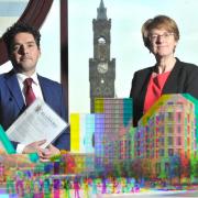 Rail minister Huw Merriman visited Bradford as chairman of the Transport Select Committee in February - pictured here with Susan Hinchcliffe, leader of Bradford Council, and a colourful vision of how the NPR stop in Bradford could have looked