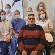 Asam Iqbal pictured with members of Airedale Hospital's physio team Kathryn Webster, Kirsty Baldus, Lisa Stinchon, Olivia Wootton and Niamh Wardman