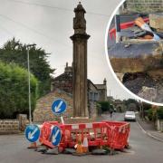The Oakenshaw Cross as it once stood, and the damage caused by a HGV