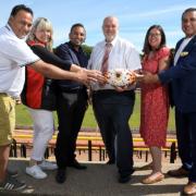 Bulls chairman Nigel Wood (third in from right), Dr Ikram Butt (far right) and Humayun Islam (third in from left) were key in creating an Eid Celebration at Odsal Stadium last July